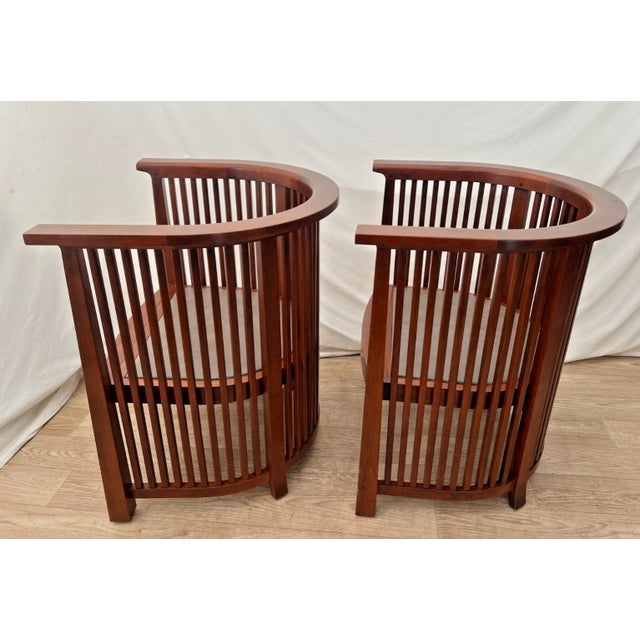 Brown Rare Set of Stickley Lounge Chairs Spindle Barrel Back Solid Cherry Leather Seat For Sale - Image 8 of 18