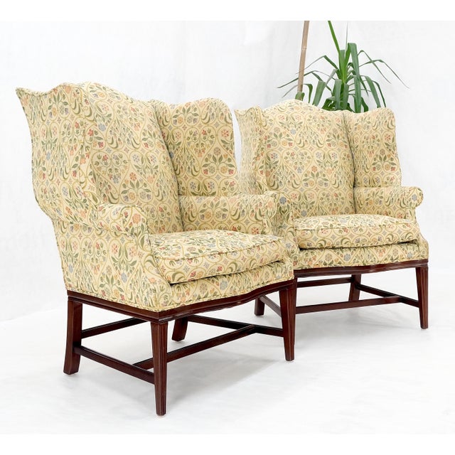Pair of Deep Profile Antique Wing Arm Chairs Mahogany Legs Federal Style For Sale - Image 9 of 18