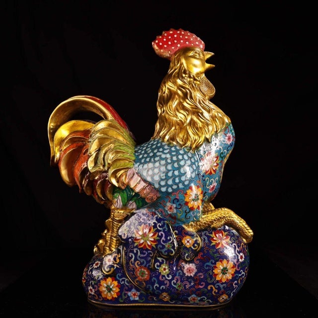 Late 20th Century Late 20th Century Gilt Bronze Cloisonné Enamel Rooster Figure With Coin Motif For Sale - Image 5 of 10