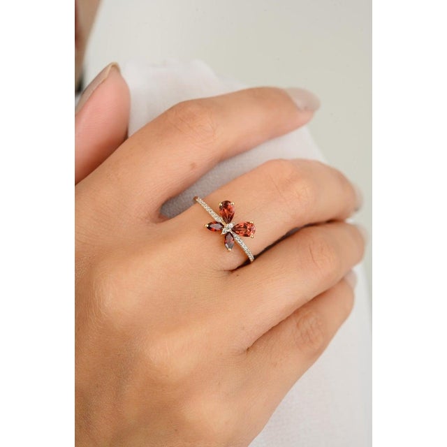 Art Deco Everyday Dainty Garnet Diamond Butterfly Ring- Gifts for Daughter Size 6.5 For Sale - Image 3 of 12