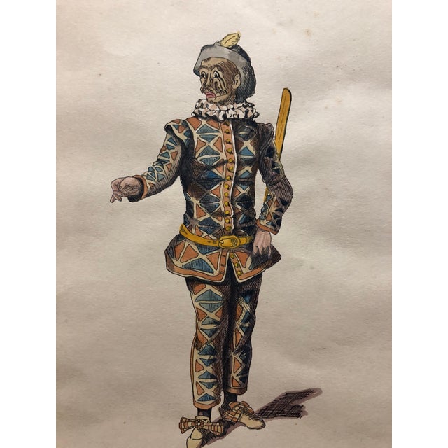 Gothic Unknown, Costume Stage Drawing Medieval Jester or Harlequin Figure Watercolor Painting For Sale - Image 3 of 3