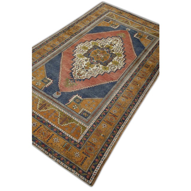 1960s 1960s Vintage Handmade Orange, Blue, Red Turkish Oushak Rug 4'3" X 7'6" For Sale - Image 5 of 7