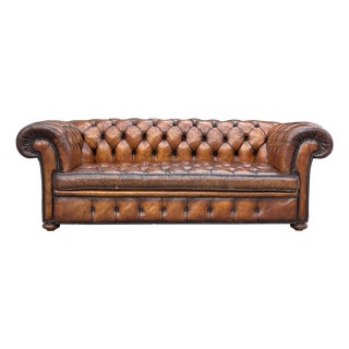 Antique Victorian Three-Seater Chesterfield Sofa in Brown Leather, 1890 For Sale