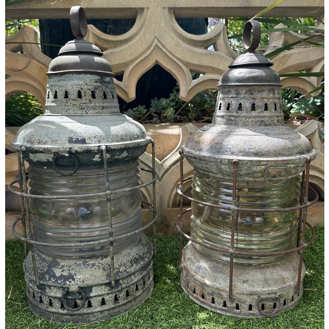 Vintage Pair Perko Galvanized Steel Uss Missouri Battleship Anchor Lights – Clear Lens – Circa 1940 For Sale - Image 4 of 12