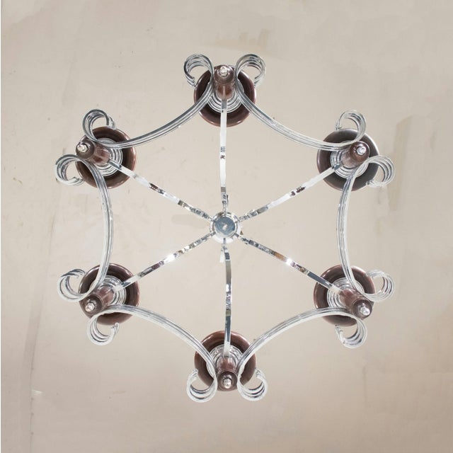 Pair of Mid-Century Italian Chrome and Wood Chandeliers For Sale - Image 4 of 12