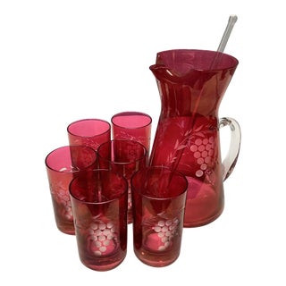 1940s Bohemian Cranberry Cocktail Pitcher, Stir Stick & Glassware Set - 8 Pieces For Sale