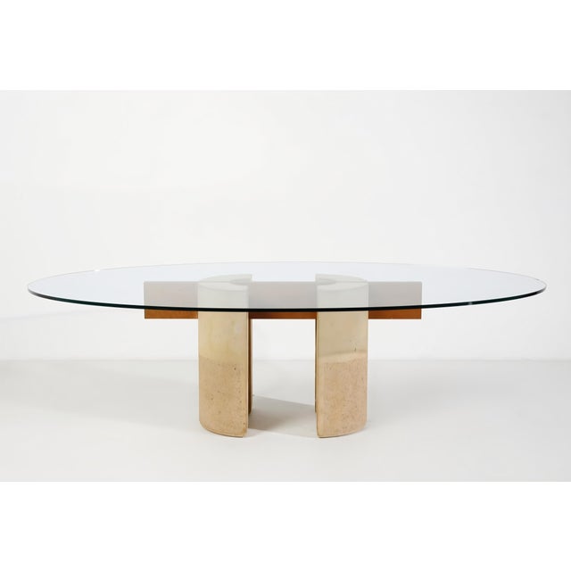 1970s Vintage Dining Table with Oval Glass Top and Wood-Concrete Legs by Giovanni Offredi for Saporiti, 1970s For Sale - Image 5 of 7