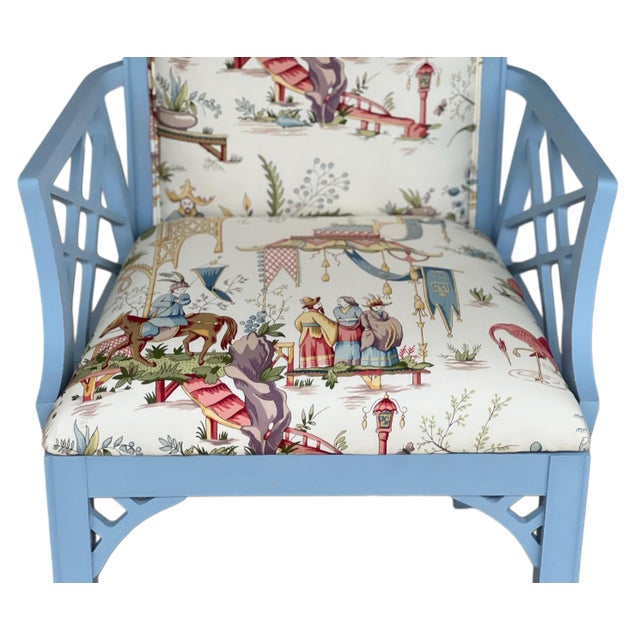 1980s Pair Newly Upholstered Blue Chinese Chippendale Chairs in Schumacher Tientsin Toile For Sale - Image 15 of 17