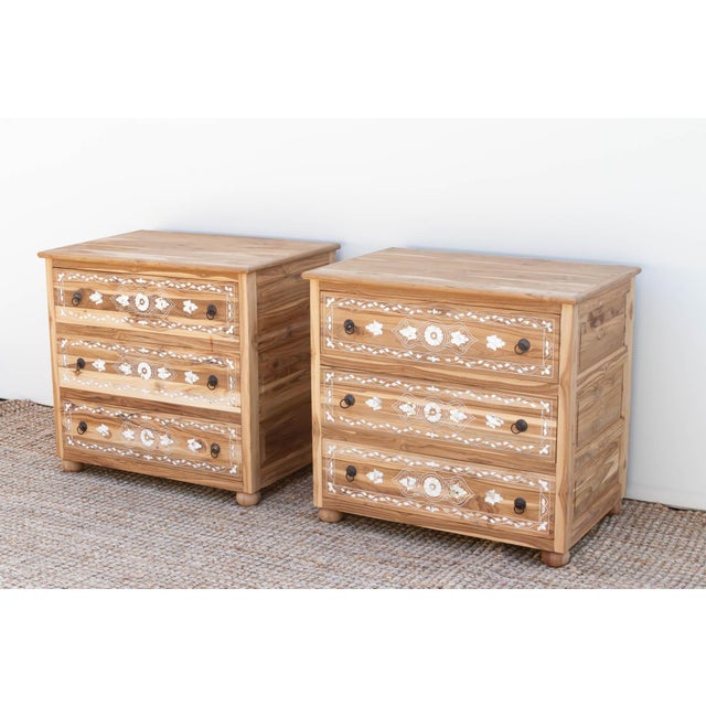 Boho Chic Pair of Reclaimed Teak Mother of Pearl Inlay Dressers For Sale - Image 3 of 12