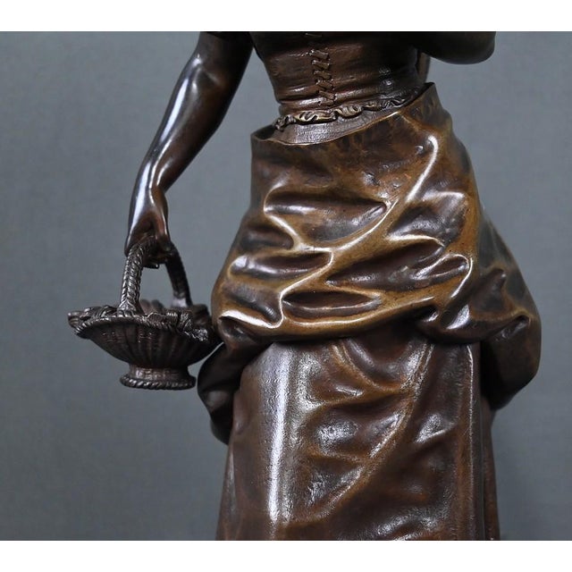 Metal Late 19th Century Bronze Young Girl with a Basket from E. Bouret For Sale - Image 7 of 18
