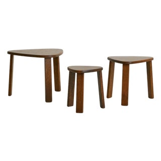 Set of Three French Oak Triangular Nesting Tables, 1970s For Sale