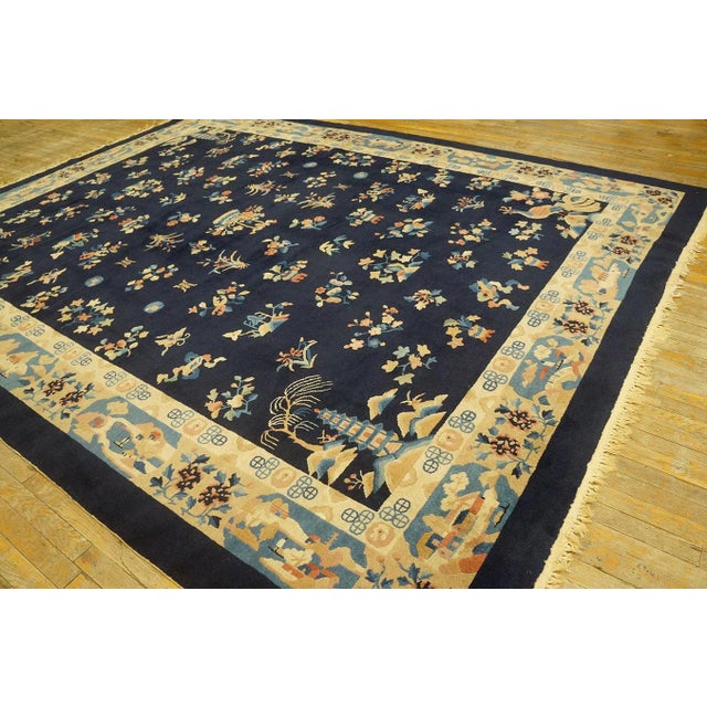 1920s Blue Navy Floral Classic Antique Chinese Peking Carpet 9'2'' X 11'8'' Knotted Wool Rug For Sale - Image 4 of 9