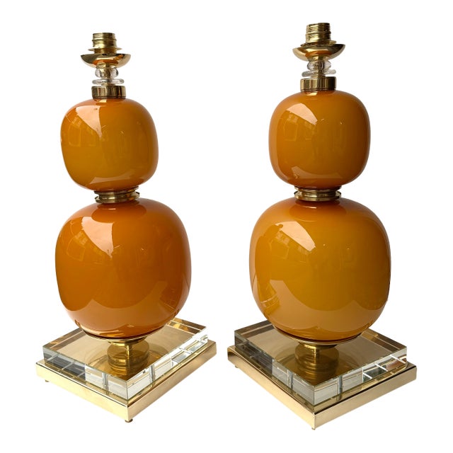 Contemporary Pair of Brass and Orange Murano Glass Bulbs Lamps, Italy For Sale