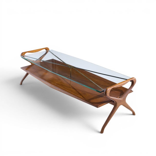 Wood Cesare Lacca Style Mid Century Italian Walnut and Brass Coffee Table For Sale - Image 7 of 9