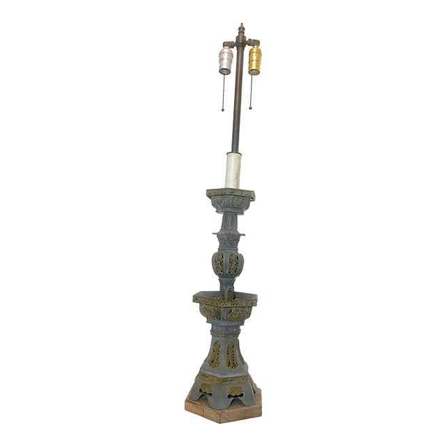 Large Antique Chinese Handmade Pewter Brass Pagoda Tower Electric Table Lamp For Sale