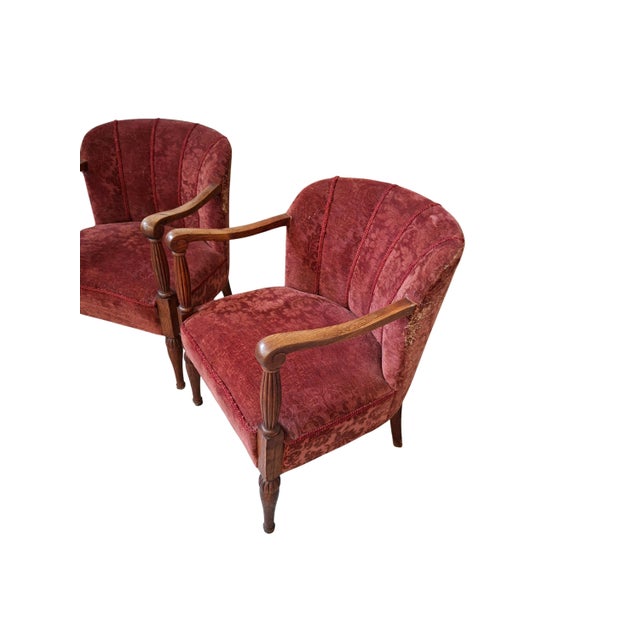 Wood Vintage Oak and Damask Velvet Armchairs, 1960s, Set of 2 For Sale - Image 7 of 13