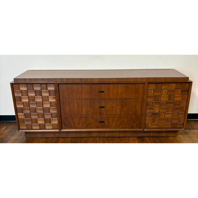Gorgeous midcentury Paul Evans inspired brutalist dresser by Tabago Furniture of Canada with geometric checkerboard...