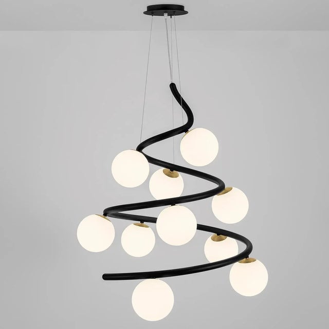 Spiralling Metal Tube Is Decorated With Glass Globes At Random Points Along The Chandelier Structure. Suspended By...