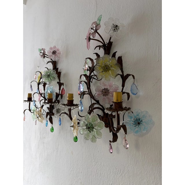 Italian Murano Multicolor Prisms Flowers Gilt Metal Sconces, C 1930 For Sale - Image 4 of 15