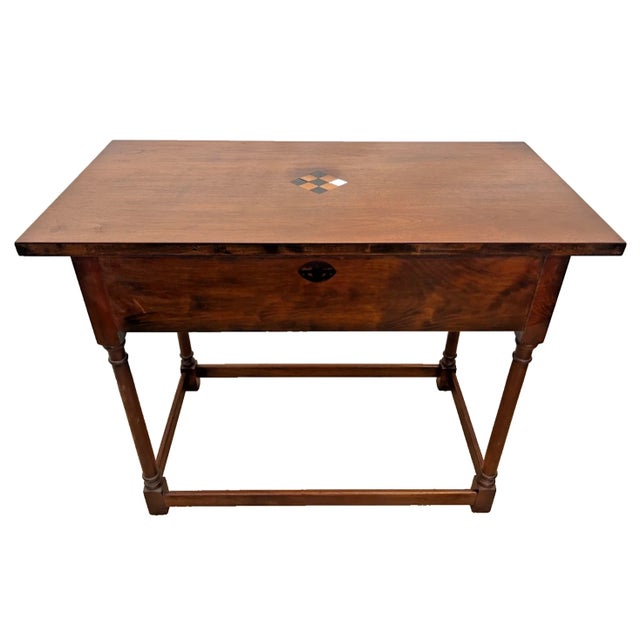 1970s Vintage Writing Table, Desk, Large Drawer, Checkerboard Inlay, Sheraton Style For Sale - Image 5 of 12