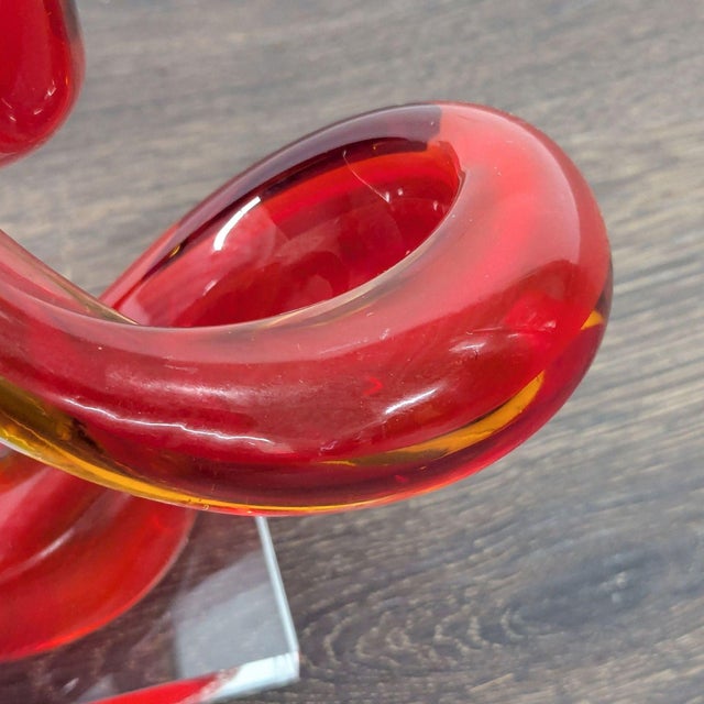 Glass Modern Abstract Red and Amber Glass Sculpture on Clear Base For Sale - Image 7 of 7