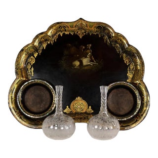Mid 19th Century English Victorian Black Paint & Gilt Papier-Mâché Tray with Crystal Decanters - 3 Pieces For Sale