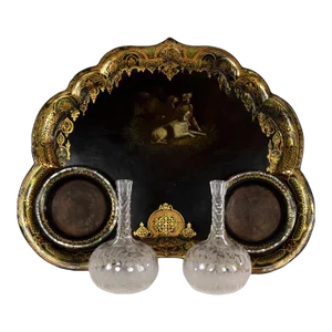 Mid 19th Century English Victorian Black Paint & Gilt Papier-Mâché Tray with Crystal Decanters - 3 Pieces
