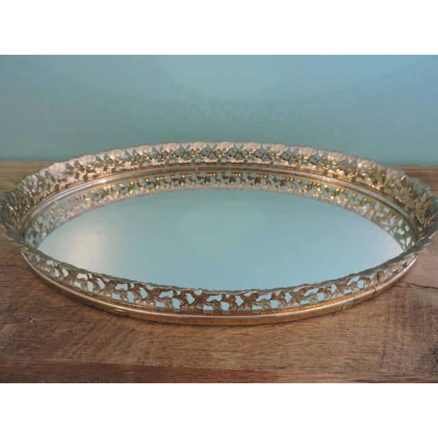 1970s Vintage Metal Filigree Large Oval Mirror Vanity Tray Brass Finish For Sale - Image 5 of 18