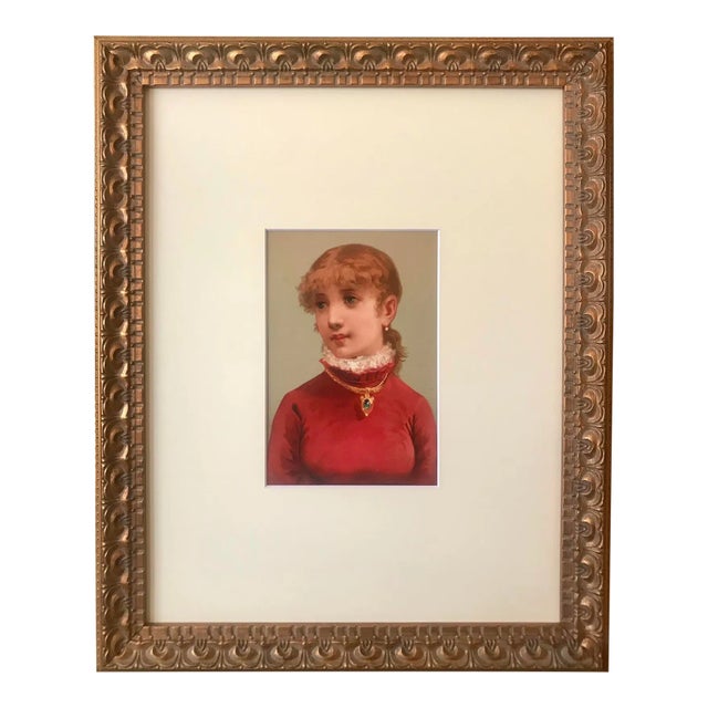 Antique Victorian Portrait of a Girl With and Emerald Necklace Chromolithograph Print Circa 1900 For Sale