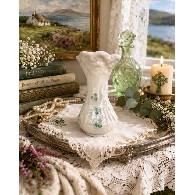 A charming vintage porcelain bud vase by Belleek Ireland, featuring the brand’s iconic creamy ivory glaze and delicate...
