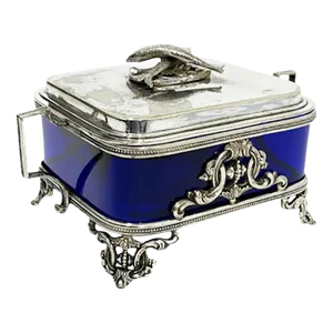 19th Century English Plate Silver Box with Blue Glass, 1866