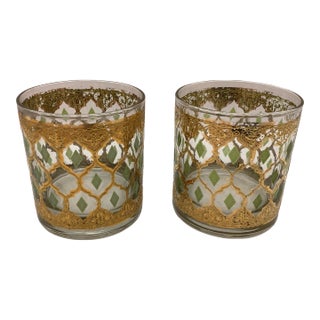 Mid 20th Century Culver Valencia 22kt Gold and Green Diamond Cocktail Glass Set of 2 For Sale