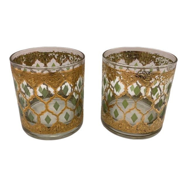 Mid 20th Century Culver Valencia 22kt Gold and Green Diamond Cocktail Glass Set of 2 For Sale