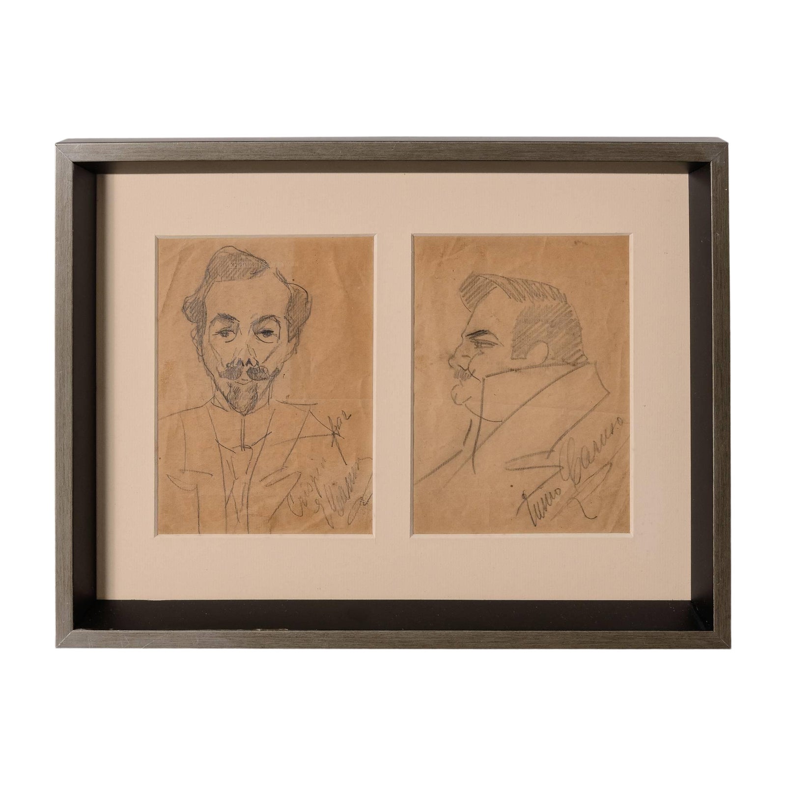 Signed Pencil Sketch Of Enrico Caruso And Arturo Buzzi Peccia By Enrico Caruso