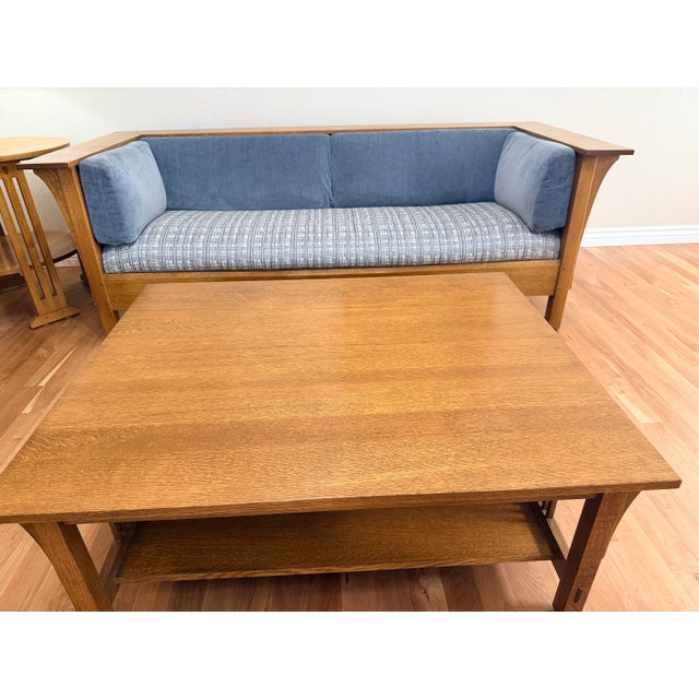 L. & J.G. Stickley, Inc. 1990s Stickley Living Room Set, Prairie Sofa (Settle). Love Seat, Coffee Table and Round Table For Sale - Image 4 of 12