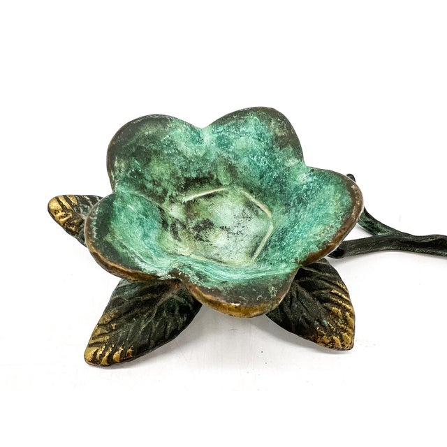 Verdigris Pair of Vintage Verdigris Brass Floral Sculptures / Candle Holders – Hollywood Regency / Botanical Style For Sale - Image 8 of 10