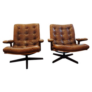 Swedish Mid Century Leather Lounge Chairs - Pair For Sale