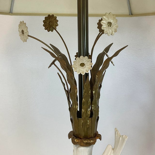 1940s French Large Scale Porcelain Birds and Floral Tole Table Lamps - A Pair For Sale - Image 6 of 13