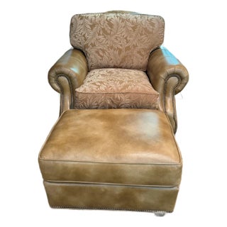 Robb & Stucky Traditional Leather and Fabric Chair With Hancock & Moore Leather Ottoman For Sale