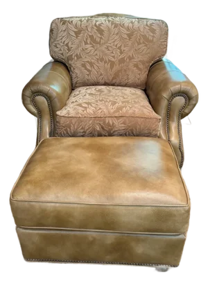 Robb & Stucky Traditional Leather and Fabric Chair With Hancock & Moore Leather Ottoman
