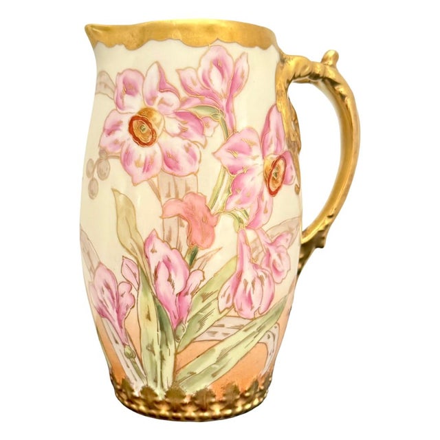 Limoges, France Early 1900s Elite Works Limoges Hand-Painted Narcissus Cider Pitcher For Sale - Image 4 of 8