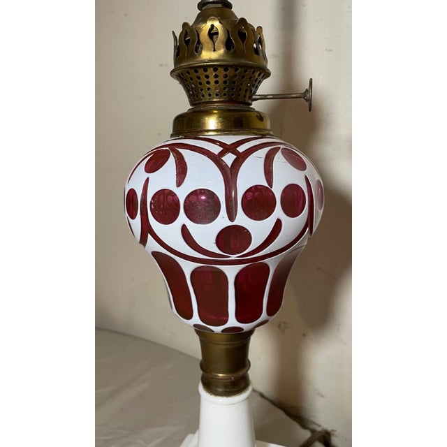 1910s Antique Boston Sandwich Glass Cut to Clear Cranberry White Electrified Oil Lamp For Sale - Image 5 of 15
