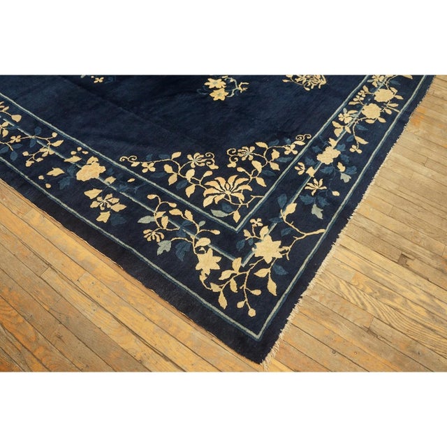 Antique Chinese Peking Rug Hand Knotted Wool Oriental Blue Floral Deco 1920s For Sale - Image 9 of 10