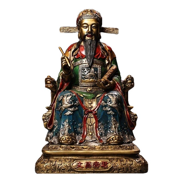 Late 19th Century Polychrome Bronze Wenchang Dijun Statue, Taoist Deity, 3.6kg For Sale