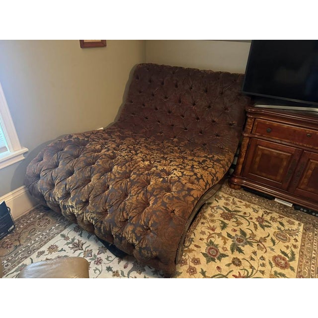 Vintage Rachlin Tufted Chaise Lounge Sofa Chair Carved Wood Frame Nailhead Trim For Sale - Image 4 of 4