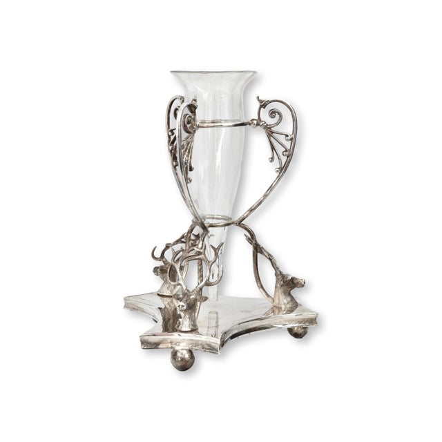 Victorian Stag's Head Silverplate & Glass Vase For Sale - Image 4 of 7