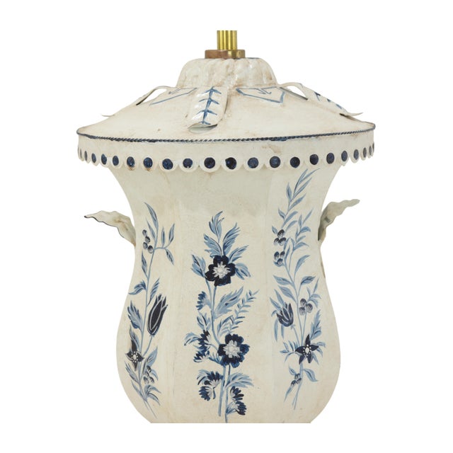 White A Pair of Vintage 1980s Hand-Painted Blue and White Toleware Table Lamps - For Sale - Image 8 of 12