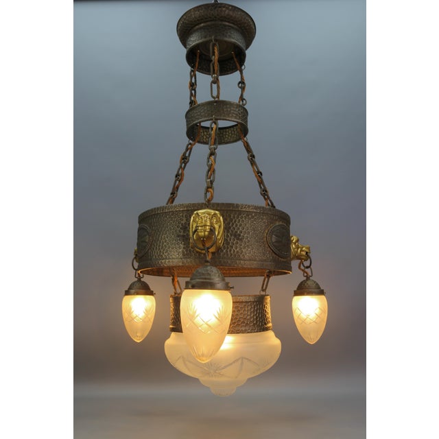 Metal German Art Deco Metal and Frosted Glass Chandelier with Dog Heads, 1930s For Sale - Image 7 of 18