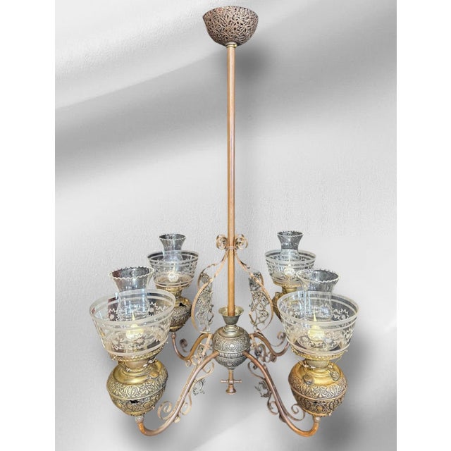 Late 19th Century Victorian Chandelier With Painted Shades For Sale In South Bend - Image 6 of 18