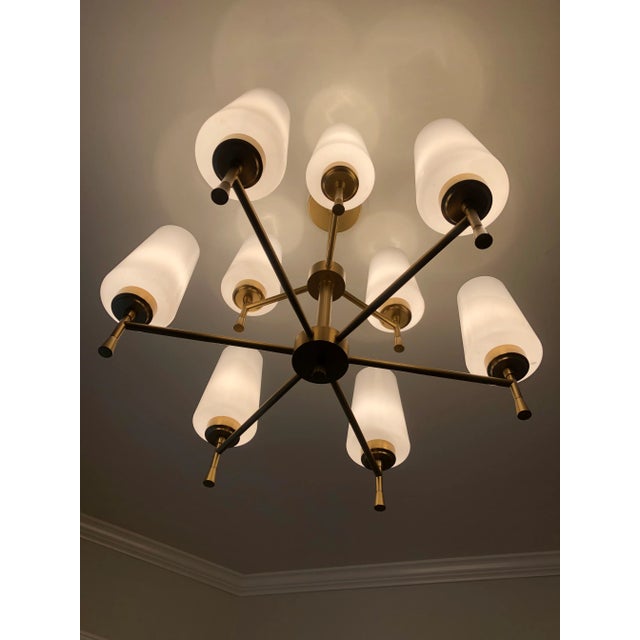 Metal Brass Chandelier With Glass Shades For Sale - Image 7 of 8